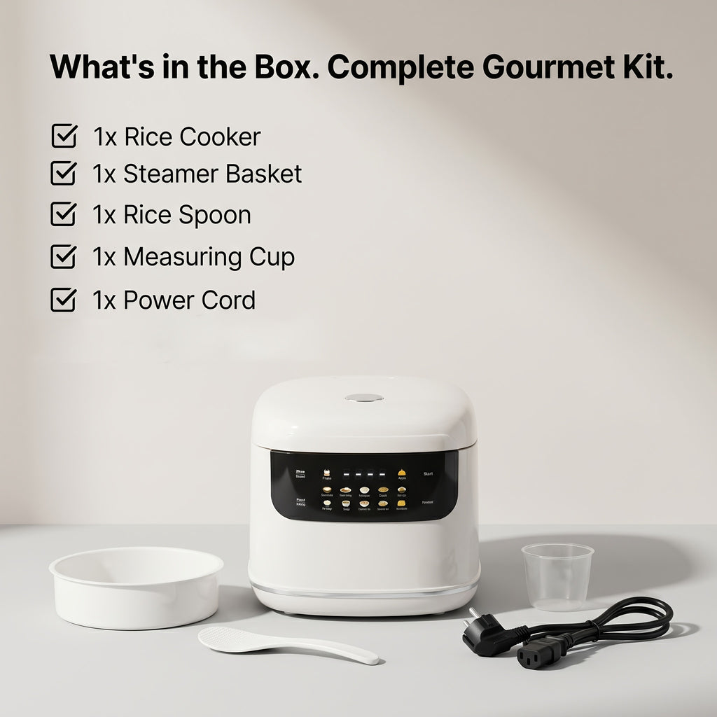 Small Rice Cooker 2L in White, Multifunctional Cooker with 12 Presets, Keep Warm and Delay Timer for Rice, Soup and Oatmeal, 1–3 People