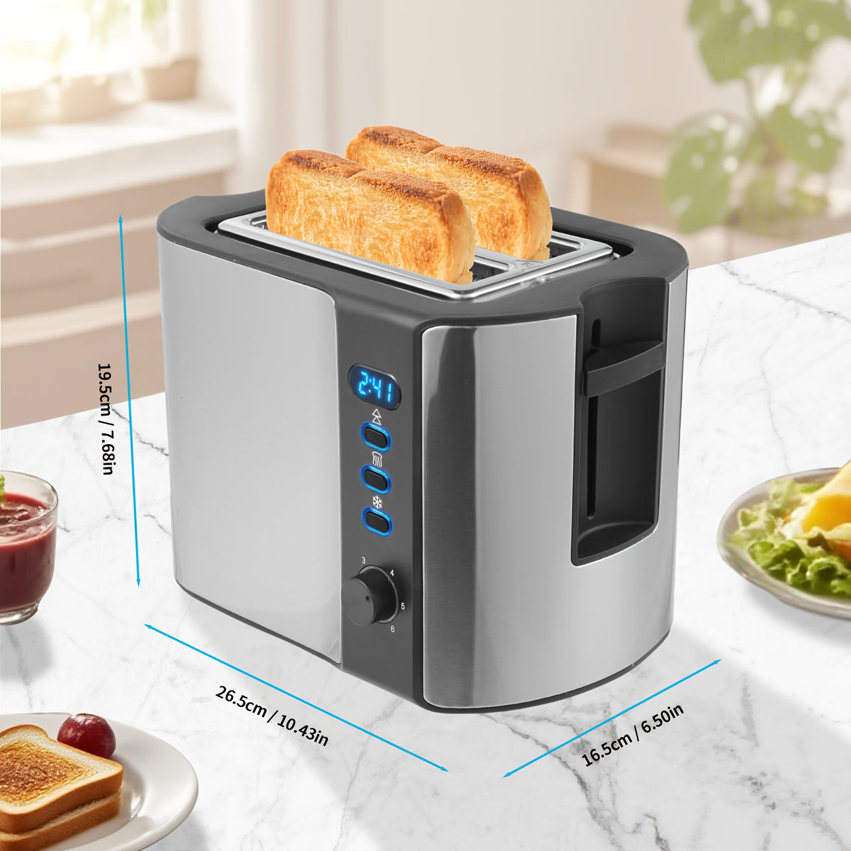 Wide Slot Toaster by TESSLUX, 2-Slice Stainless Steel Breakfast Toaster with Six Toast Settings, Reheat, Defrost, Cancel, Warming Rack and Countdown Timer