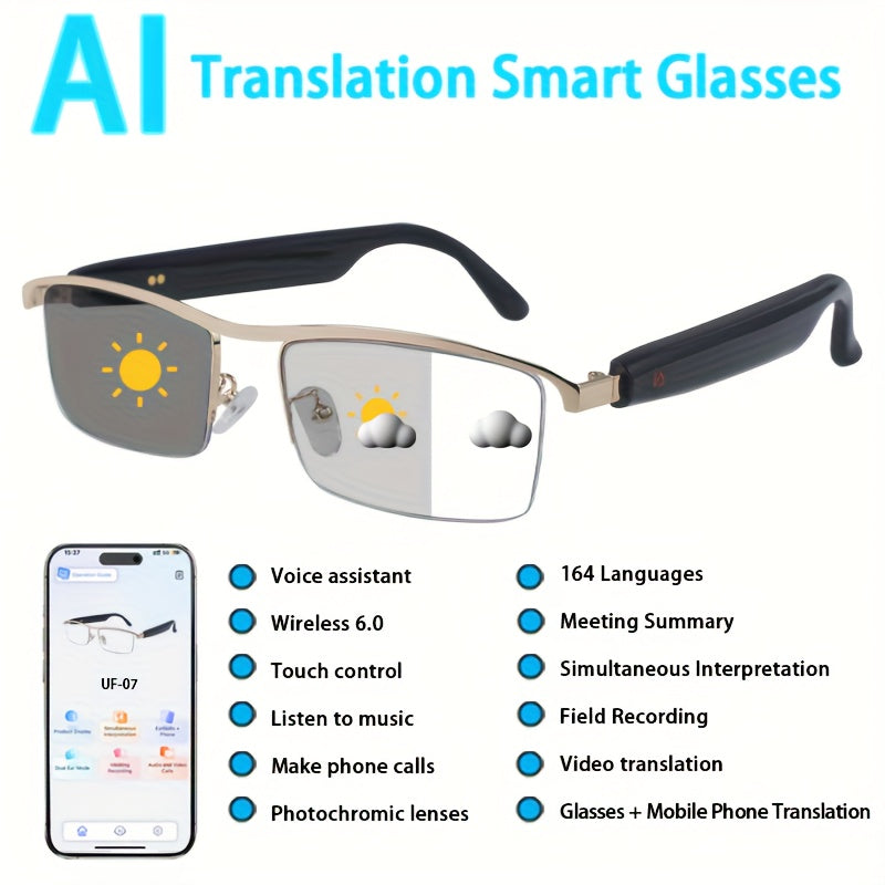 AI Audio Translation Glasses with Listed Microphone, Speaker, Music and Call Features, Full-Frame and Semi-Frame Style Options for Adult Travel and Office Conversations