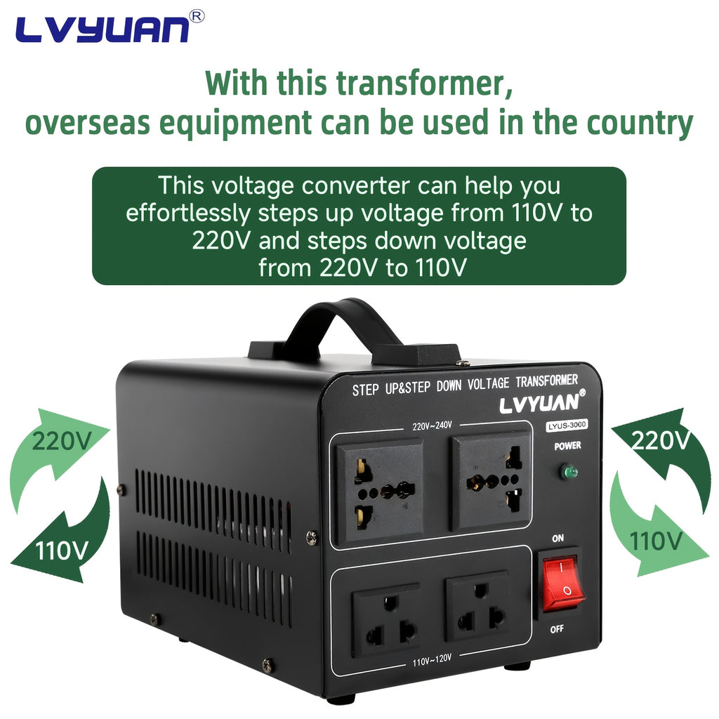 Step Up Down Voltage Converter by LVYUAN, 110V–120V to 220V–240V Transformer with Two US Outlets, Two Universal Outlets and Resettable Circuit Breaker