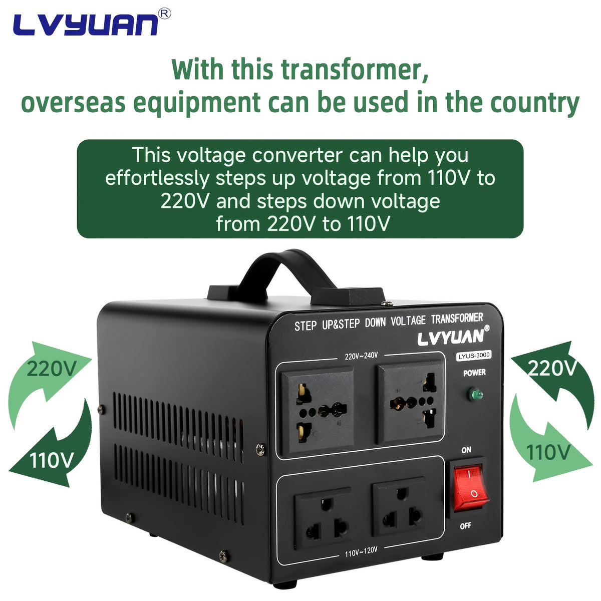 Step Up Down Voltage Converter by LVYUAN, 110V–120V to 220V–240V Transformer with Two US Outlets, Two Universal Outlets and Resettable Circuit Breaker