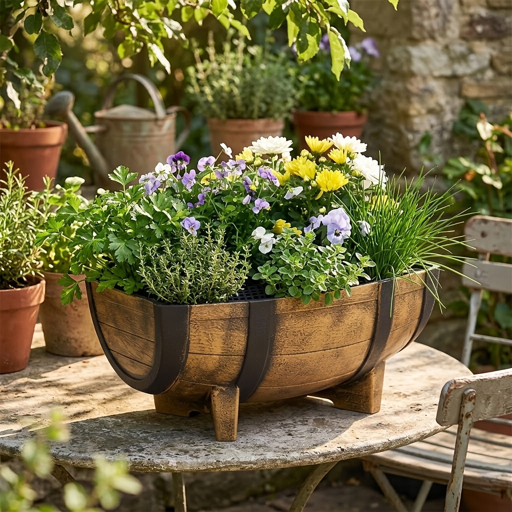 Whiskey Barrel Planter, 16.5-Inch Oval Faux Wood Resin Flower Pot with Removable Drainage Plate for Porch, Patio, Balcony and Indoor Farmhouse Decor