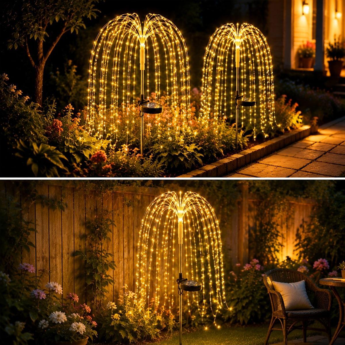 Solar Willow Branch Lights, 2-Piece LED Garden Decor with 100 LEDs and 8 Twinkling Modes for Patios, Courtyards, Pathways, Weddings and Holiday Displays