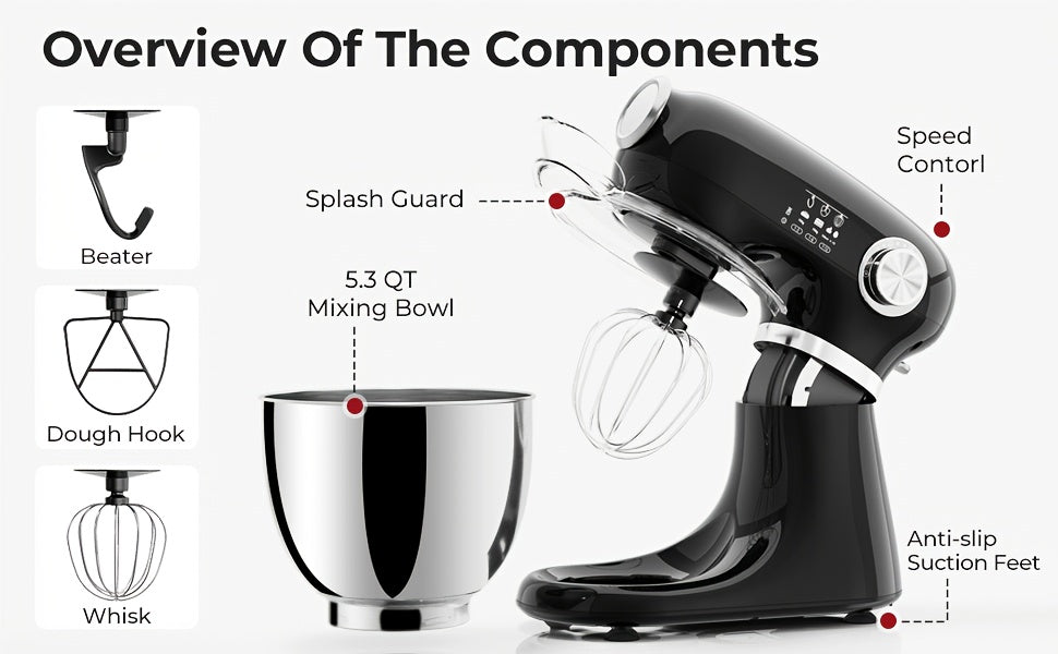 Electric Stand Mixer with Listed 350W Power, 12 Speeds and Pulse Button, Stainless Steel Bowl, Paddle, Dough Hook and Whisk in Grey, Black or Red for Home Baking