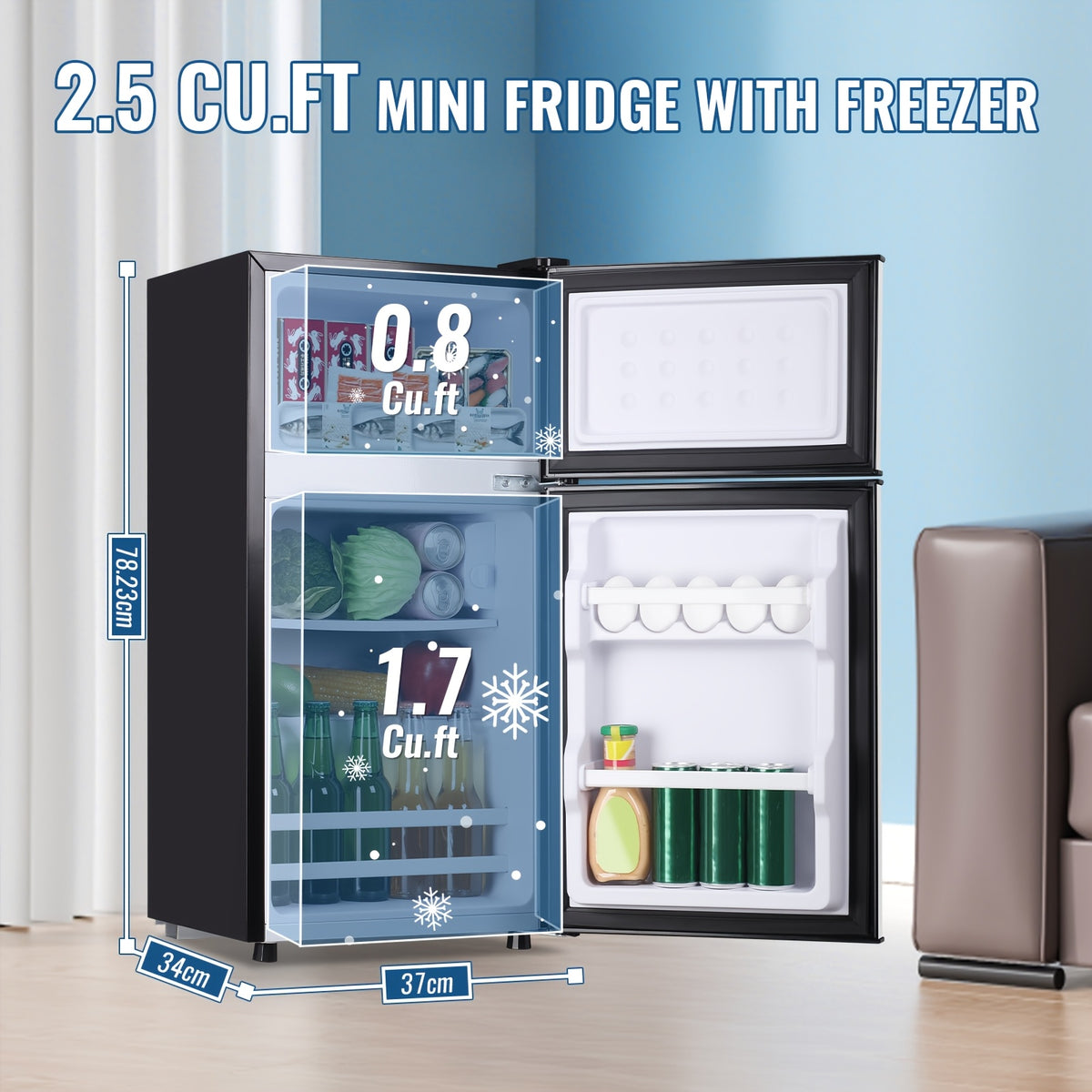 Two-Door Compact Fridge with Freezer, Silvery 2.5 or 3.5 Cu Ft Options with Seven-Level Thermostat and Removable Shelves for Dorm, Office and Bedroom Storage