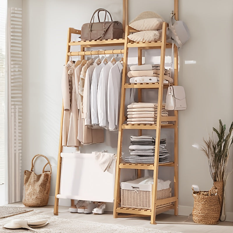 Bamboo Garment Rack with Adjustable Shelves, Five Side Storage Racks and Hat Hooks for Bedroom Organization, Brown or Nature with Four Size and Bag Option Labels