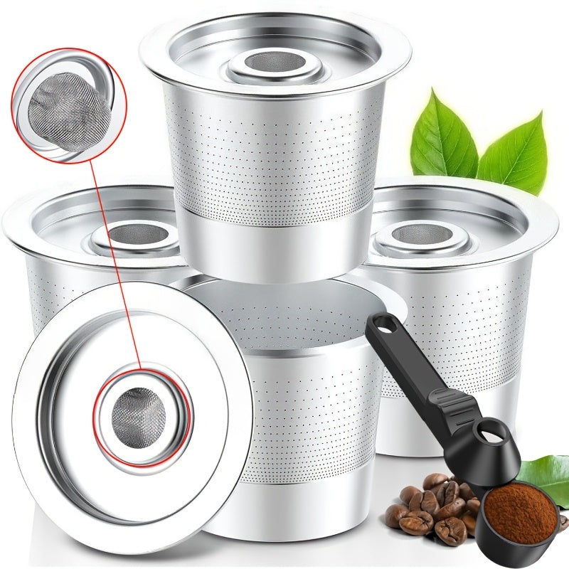 Reusable K Cups 4-Pack for Keurig, Stainless Steel Refillable Coffee Pods with Filters, Dishwasher Safe Universal Coffee Pods for Home Coffee Bar, Includes 15ml Coffee Spoon