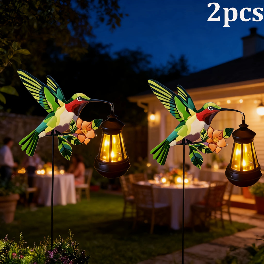 Solar Hummingbird Lantern Pair, Two-Piece Hanging Garden Light Set in Warm or Multicolor Options with Metal and Plastic Construction for Courtyard and Party Decor