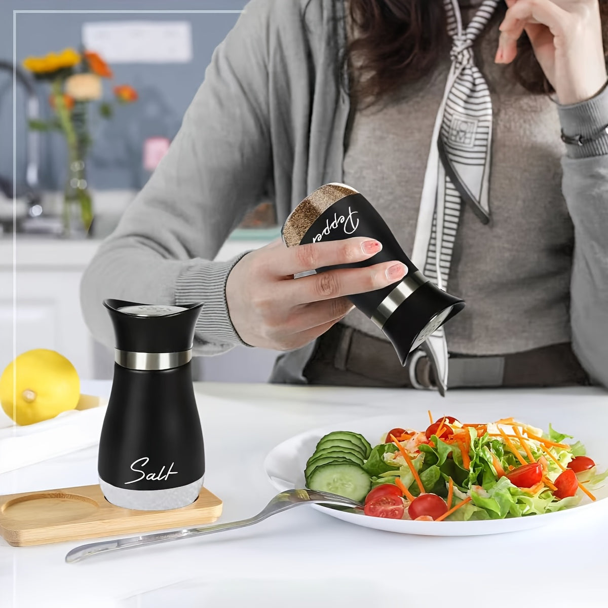 Salt and Pepper Shakers with Glass Bottoms and Stainless Steel Lids, Nine Color Set Options for Everyday Table Seasoning, Kitchen Dining, RV Meals and Barbecues