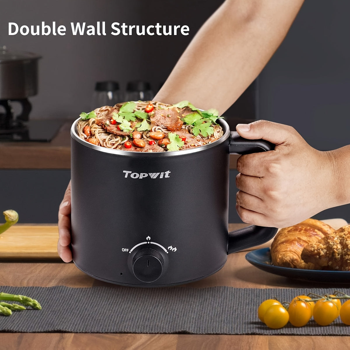 Dual-Power Electric Hot Pot with Listed 50.72oz Capacity and Portable Nonstick Design, Black or Blue Noodle Cooker for Pasta, Soup, Eggs and Oatmeal Preparation