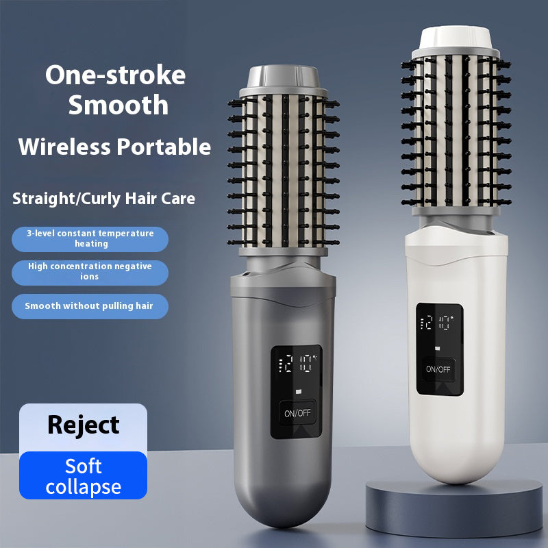 Rechargeable Hair Styling Brush with Cordless 2-in-1 Curler and Straightener Functions, Listed LED Display in White or Grey for Everyday Hair Styling Routines