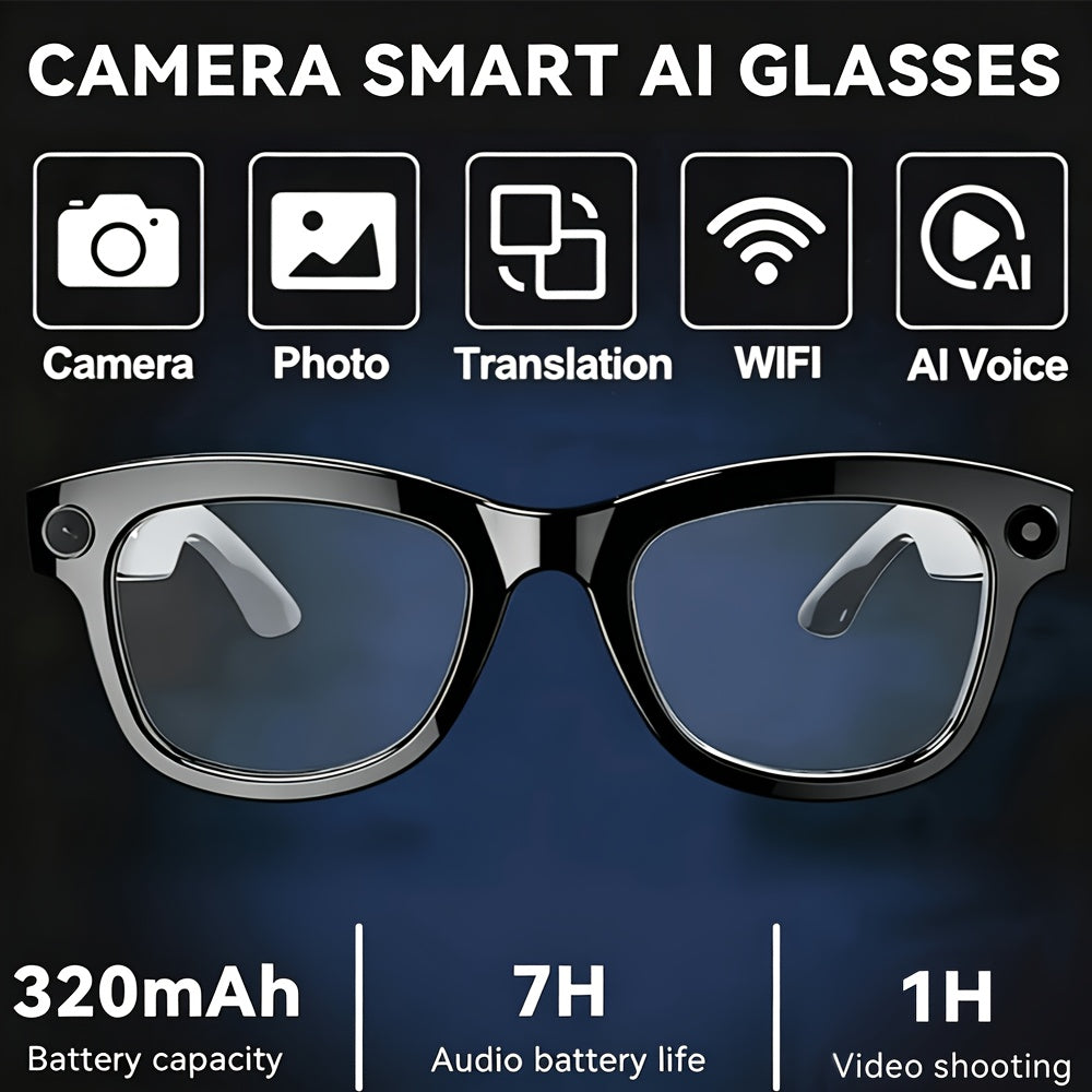 AI Camera Glasses in Black with Photochromic Lens Option, Listed 8MP Camera, 320mAh Battery, Touch-Control Audio, Calls and Translation for Travel and Work