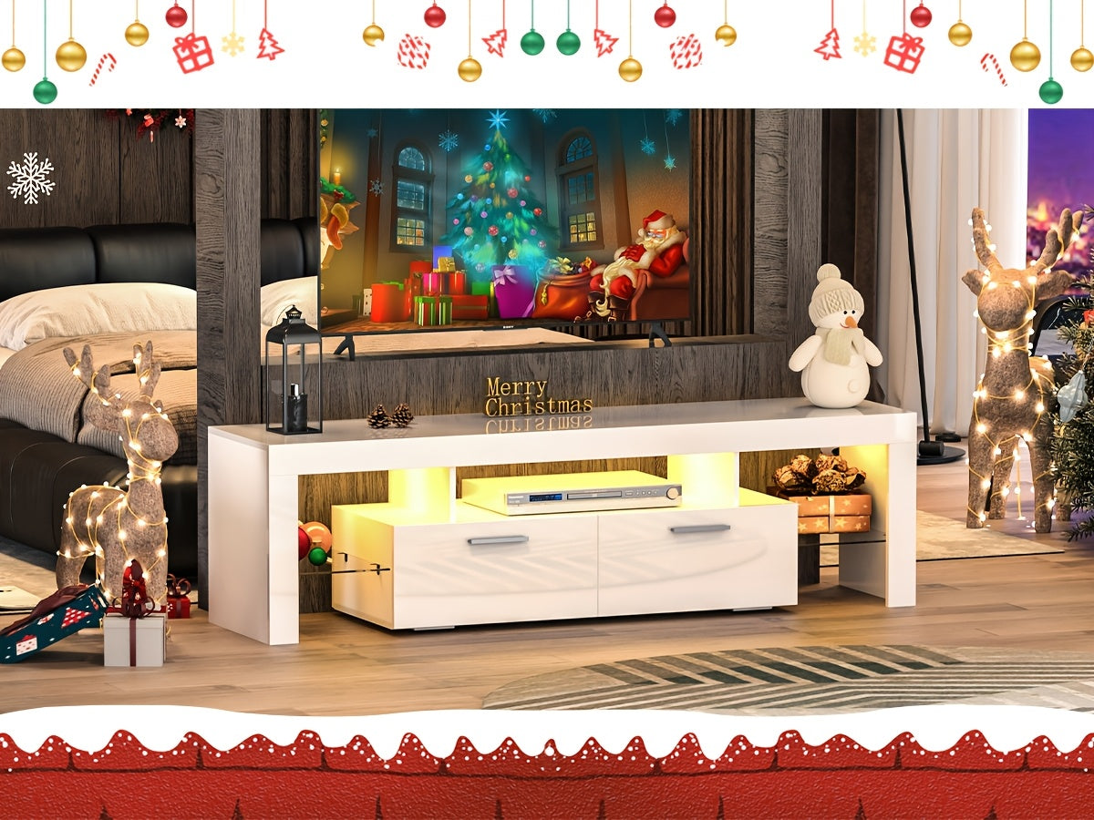 White LED TV Stand with Cabinet Storage and Glass Shelves, Modern Media Console for Living Room and Game Room in 130, 167 or 180 cm Model Options