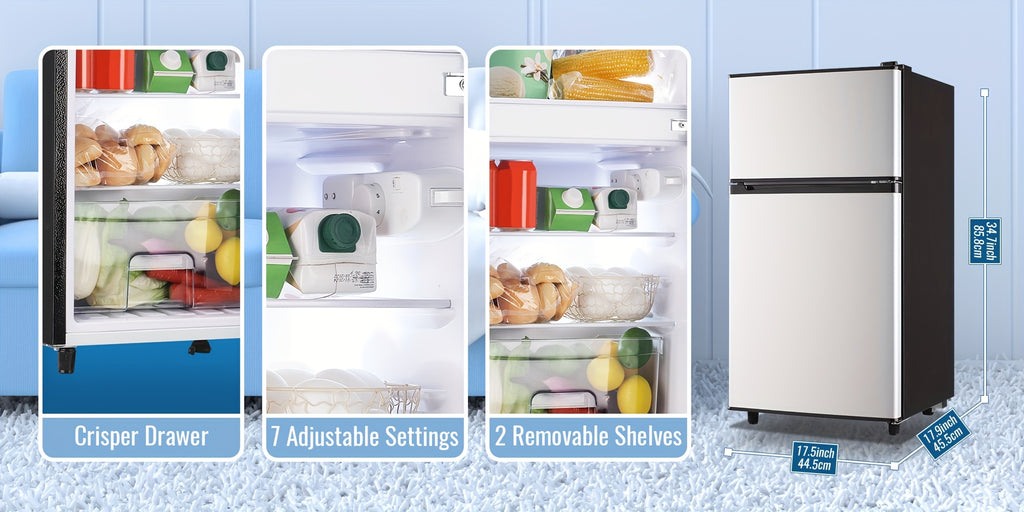 Two-Door Compact Fridge with Freezer, Silvery 2.5 or 3.5 Cu Ft Options with Seven-Level Thermostat and Removable Shelves for Dorm, Office and Bedroom Storage
