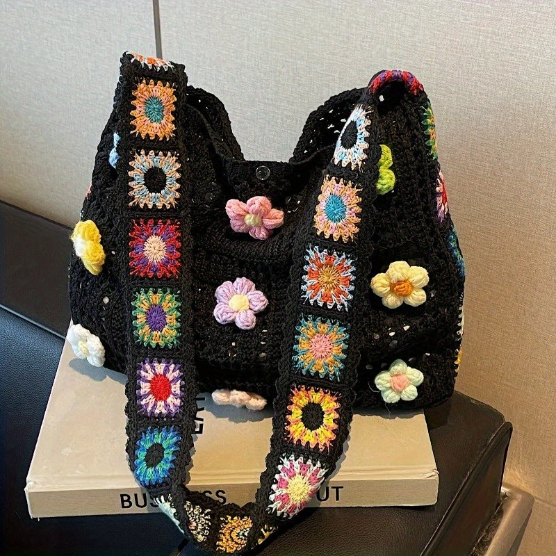 Boho Messenger Bag for Women with Hollow Flower Details and Contrast Fabric, Vintage-Inspired Casual Purse with Button Accents, No Closure and Seven Option Labels