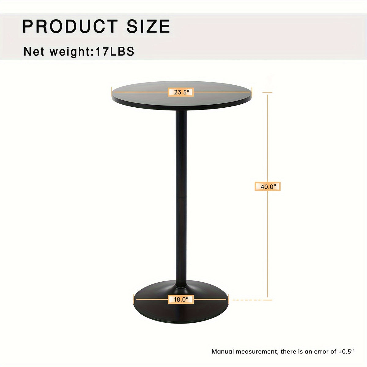 Round Bar Table with Listed 23.5-Inch Diameter Top, Modern Cocktail Furniture in Black or White with Separate Adjustable and Two-Piece Black Options for Small Spaces
