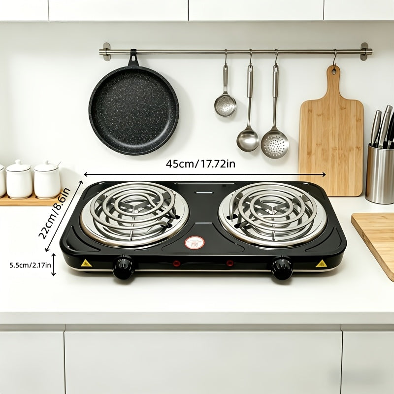 Double-Coil Electric Hot Plate with Five Adjustable Heat Settings, Black Tabletop Cooking Stove with Two Burner Option Labels for Home Kitchen Meal Preparation