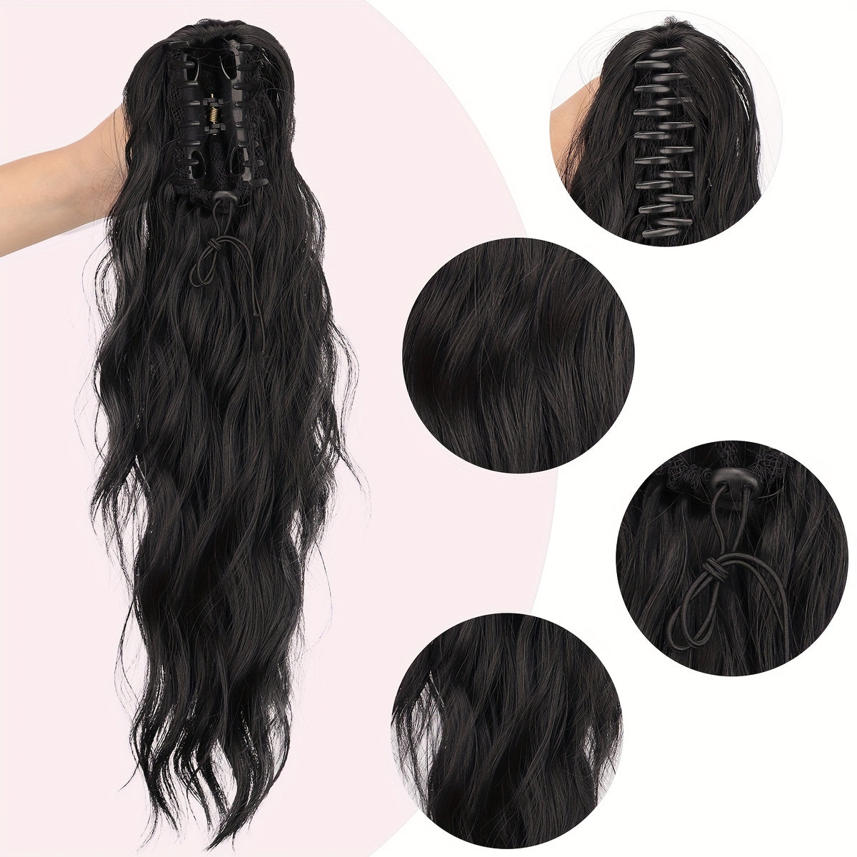 16-Inch Water Wave Ponytail Extension for Women, Synthetic Curly Hairpiece with Clip Attachment and Multiple Color Options for Daily Wear and Parties