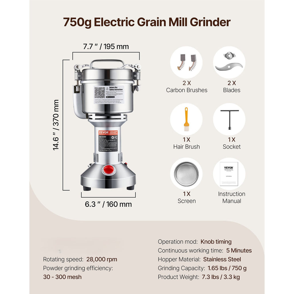 VEVOR Commercial Spice Grinder 750g, High Speed Electric Grain Mill Grinder with 28000 RPM Stainless Steel Pulverizer, Powder Machine for Dry Grains, Spices, Coffee, Corn and Pepper, 30-300 Mesh Fine Grinding, Straight Type