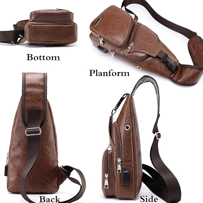 Faux Leather Sling Chest Bag with USB Port for Men and Women, Mini Single-Strap Crossbody Carry Bag in Black or Light Brown for Daily Outings and Travel