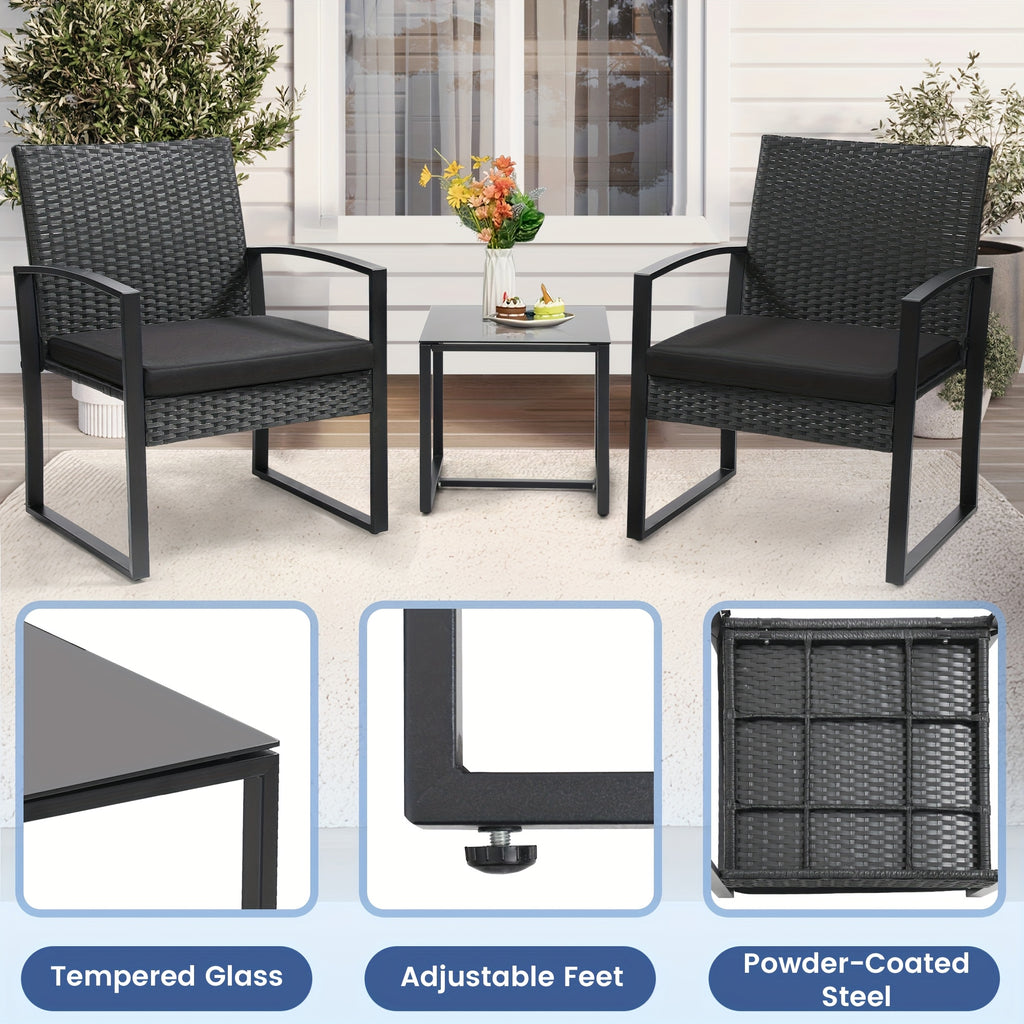 Patio Bistro Set with Black Rattan Styling, 3-Piece Outdoor Furniture with Tempered Glass Table and Gray or Black Cushions for Garden Seating and Coffee