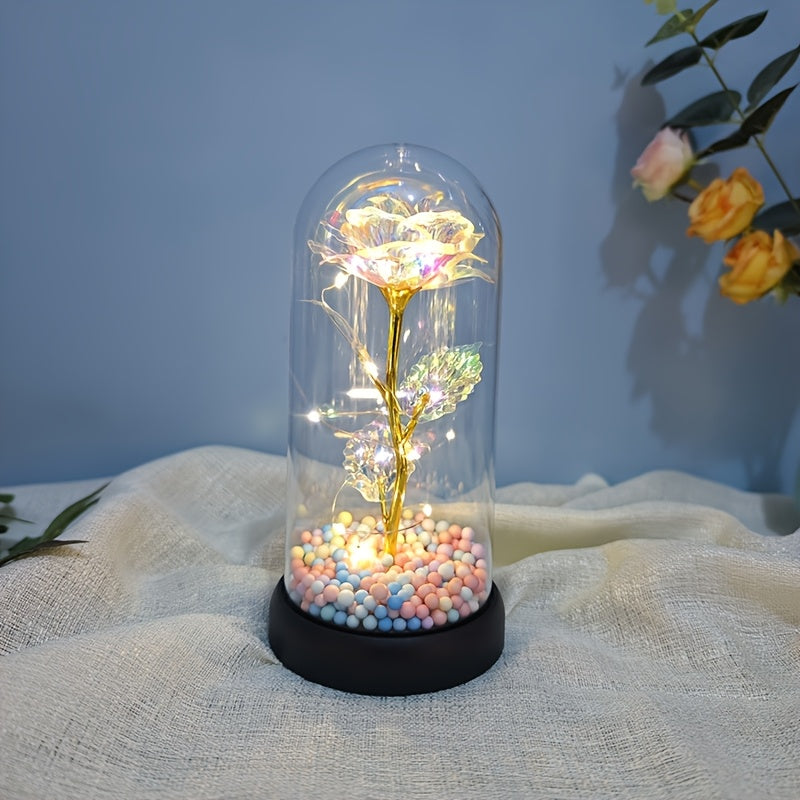 Rose Flower Dome Decoration with Illuminated, Glitter and Colorful Style Labels, Foam Ball Accents and Selected Two-Bear Designs for Tabletop Gifts