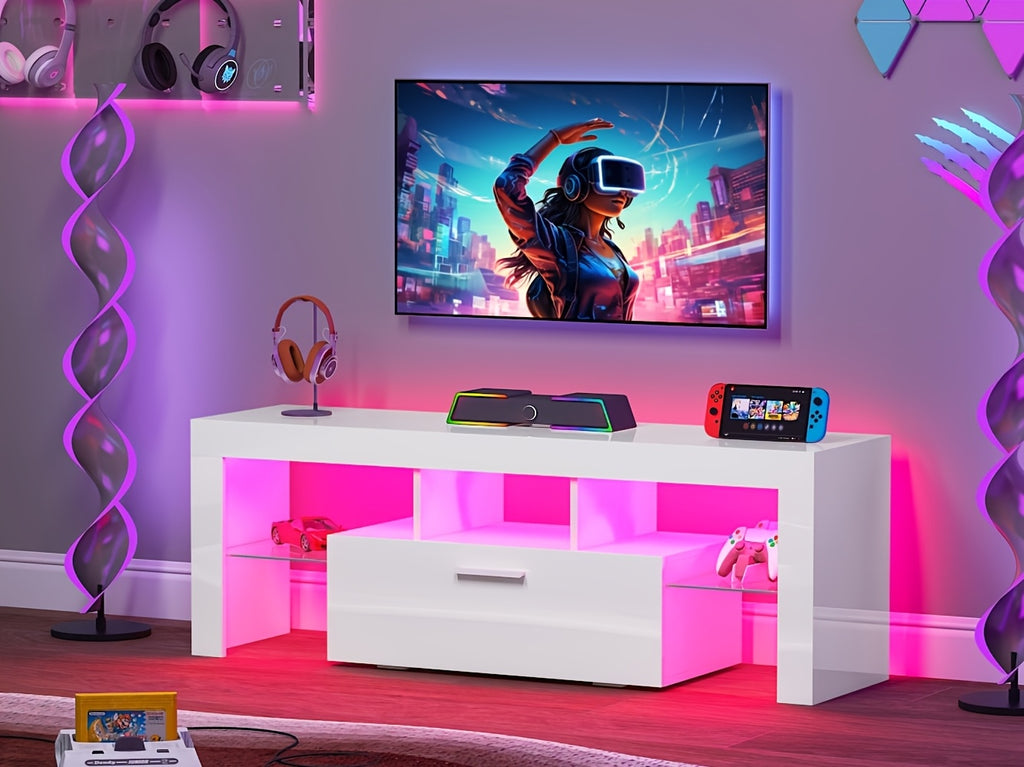 White LED TV Stand with Cabinet Storage and Glass Shelves, Modern Media Console for Living Room and Game Room in 130, 167 or 180 cm Model Options