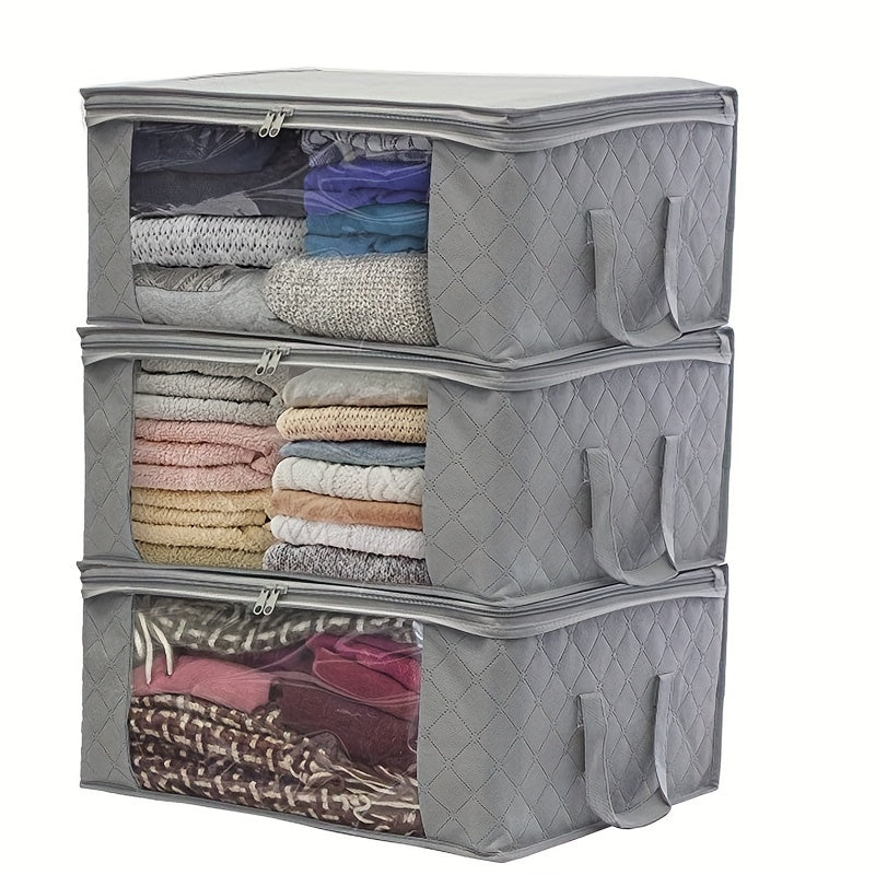 Clothing Storage Bags Set of 3 with Lids and Handles, Foldable Blanket and Quilt Organizers for Bedroom Closets, Wardrobes and Suitable Under-Bed Spaces