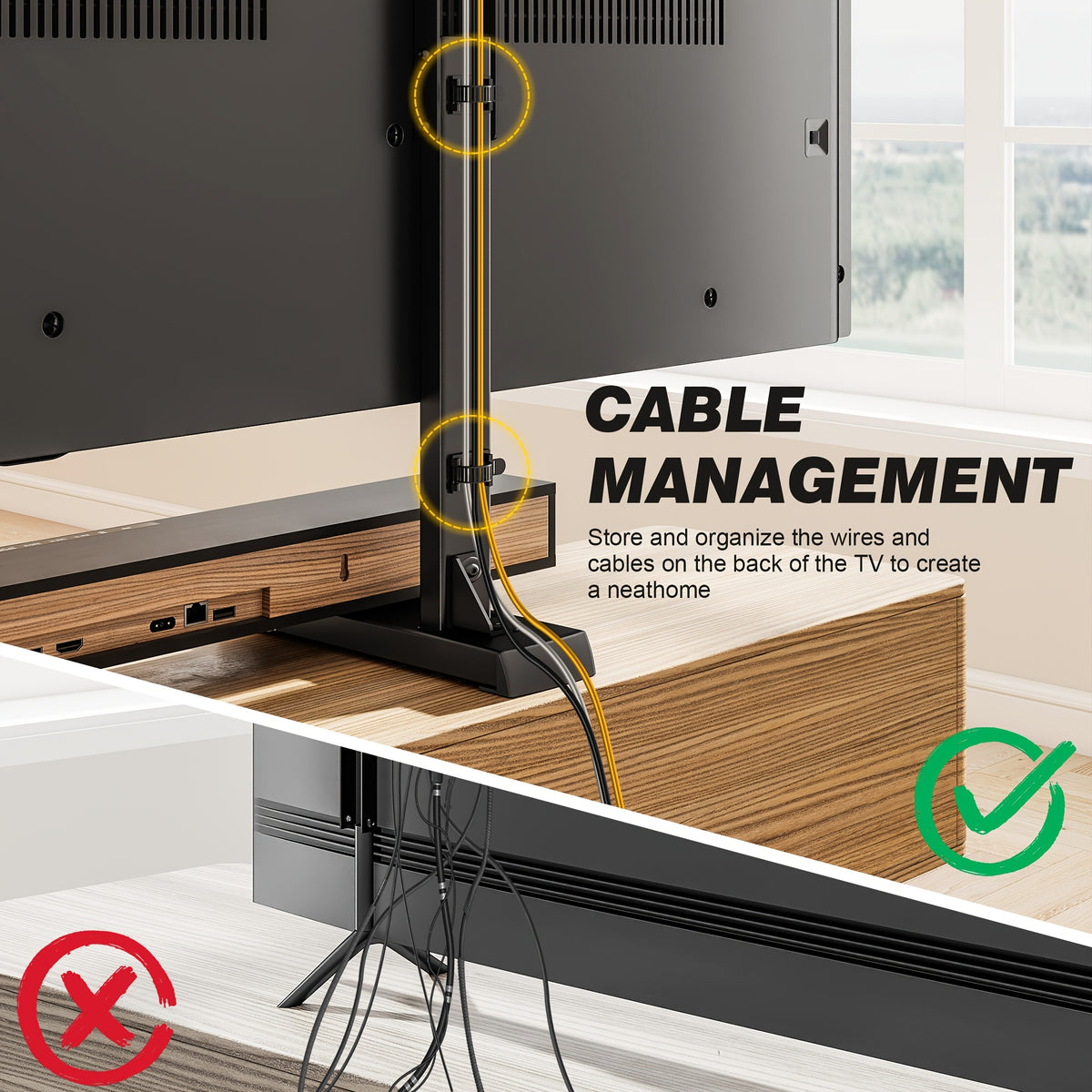 TV Stand Bracket with Adjustable Steel T-Bar Legs and Six Height Settings, Black Tabletop Support with Cable Management for Compatible 37–92 Inch Televisions