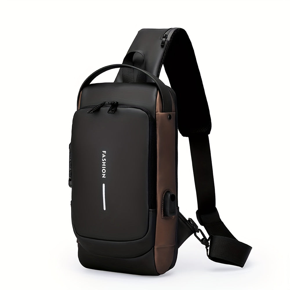 Mens Locking Sling Bag by Cutecity with USB Charging Port, Adjustable Shoulder Strap and Multiple Compartments in Black Brown or Blue Brown for Commuting and City Walks