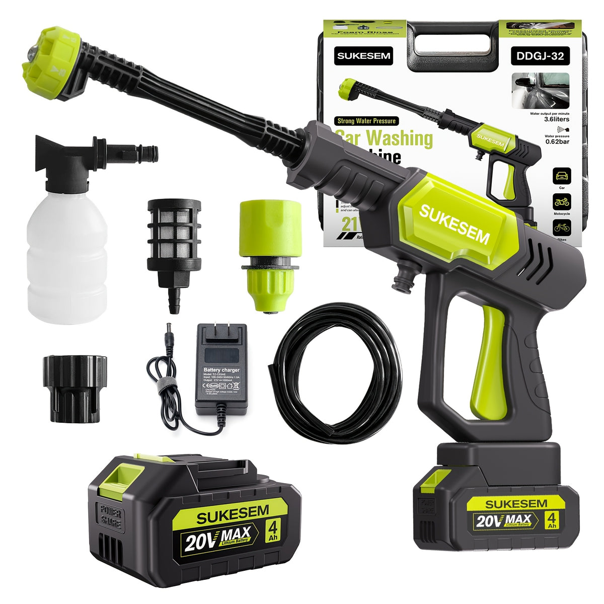 Battery-Powered Car Wash Cleaner with Adjustable Nozzle, Cordless Rechargeable Washing Tool for Yard and Garden Cleanup, One or Two Battery Packages