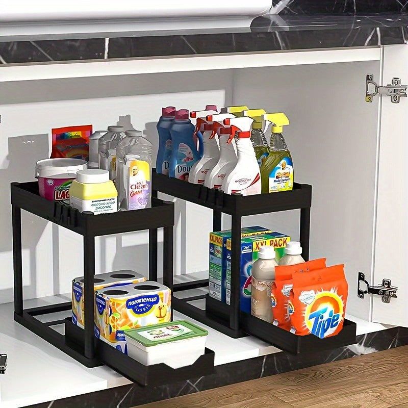 Hook and Bucket Under Sink Organizer, Two-Tier Sliding Cabinet Storage Rack with Listed Five Hooks and One Bucket, Single or Double Options for Kitchen and Bathroom