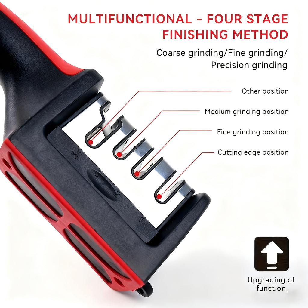 4-Stage Knife Sharpener with Non-Slip Grip, Red and Black Kitchen Edge-Care Tool with Listed Tungsten, Diamond and Ceramic Abrasives for Compatible Knives