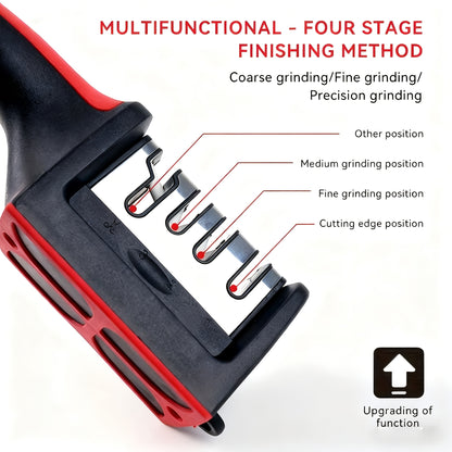 4-Stage Knife Sharpener with Non-Slip Grip, Red and Black Kitchen Edge-Care Tool with Listed Tungsten, Diamond and Ceramic Abrasives for Compatible Knives