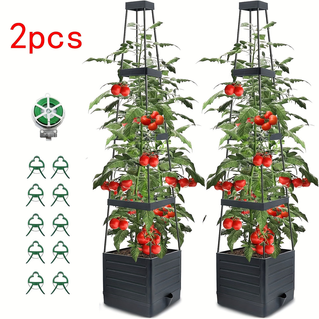 Tomato Planter with Trellis in One- or Two-Piece Options with Listed 57-Inch Size and Self-Watering Design for Climbing Vegetables, Patio and Greenhouse Gardening