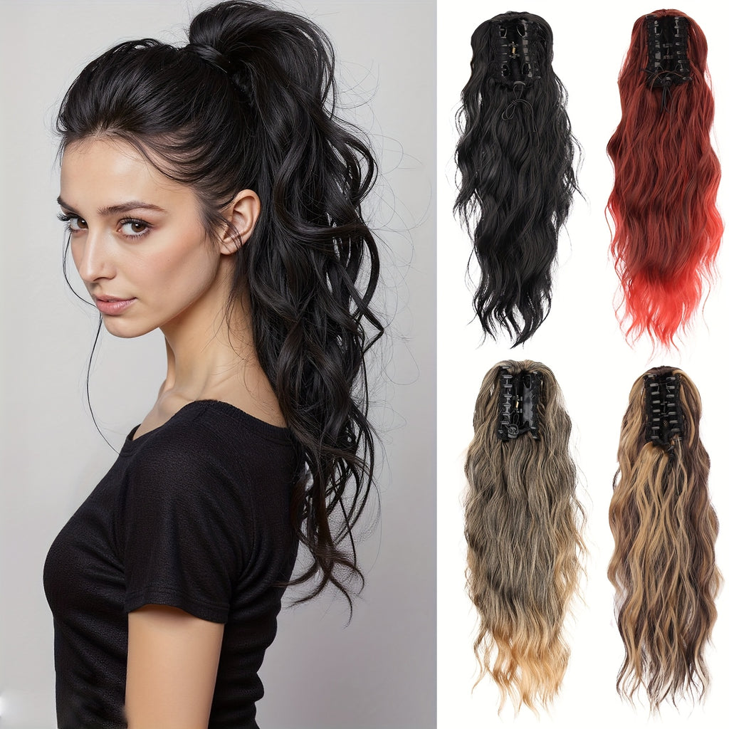 16-Inch Water Wave Ponytail Extension for Women, Synthetic Curly Hairpiece with Clip Attachment and Multiple Color Options for Daily Wear and Parties