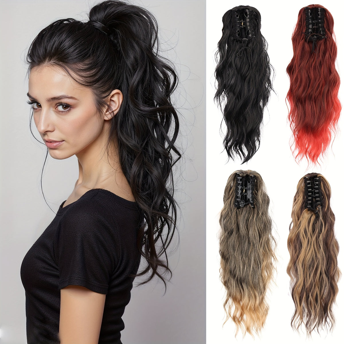 16-Inch Water Wave Ponytail Extension for Women, Synthetic Curly Hairpiece with Clip Attachment and Multiple Color Options for Daily Wear and Parties