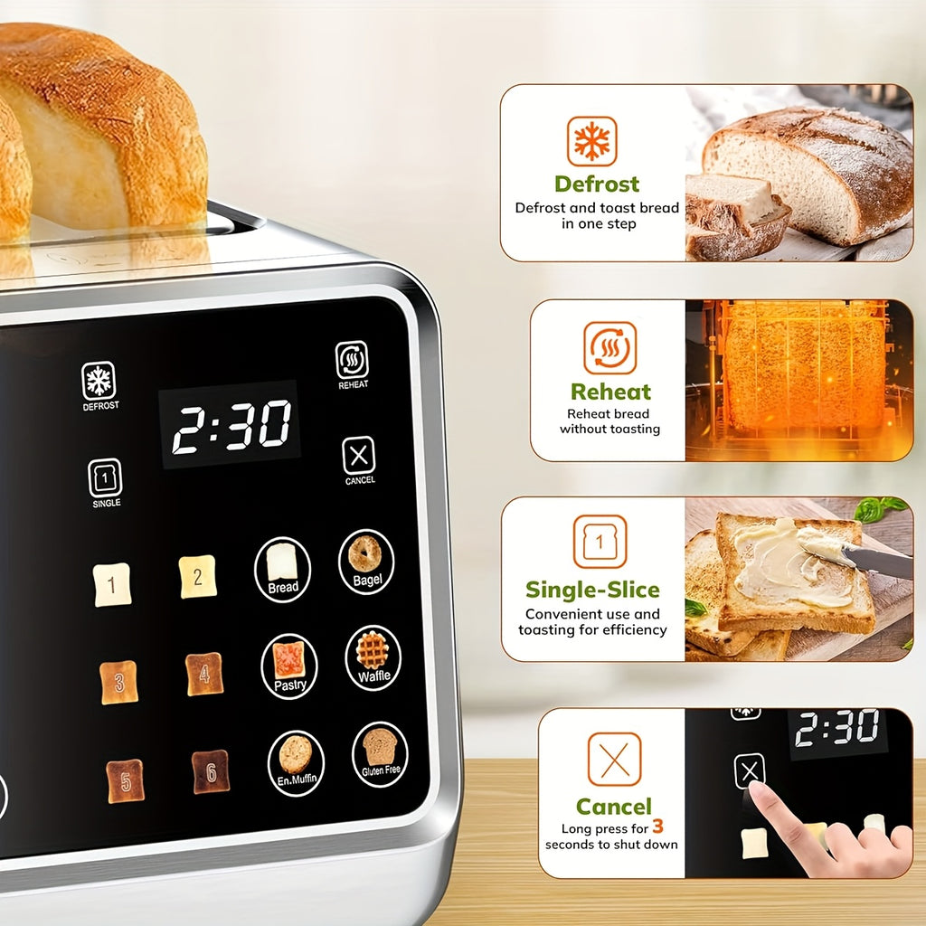 Four-Slice Digital Toaster with Listed Touchscreen, Dual Control Panels, Timer and Single-Slot Toasting, Stainless Steel Option for Bread, Bagels and Waffles