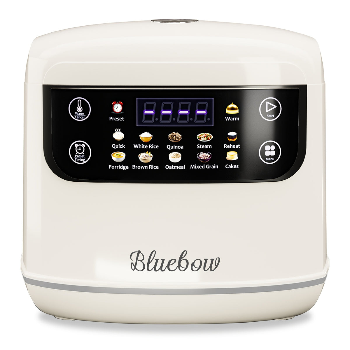 White LCD Rice Cooker by Bluebow with Listed 2L Capacity, Ten Menu Options, Nonstick Aluminum Inner Pot, Automatic Keep Warm and 24-Hour Delay for Small Households