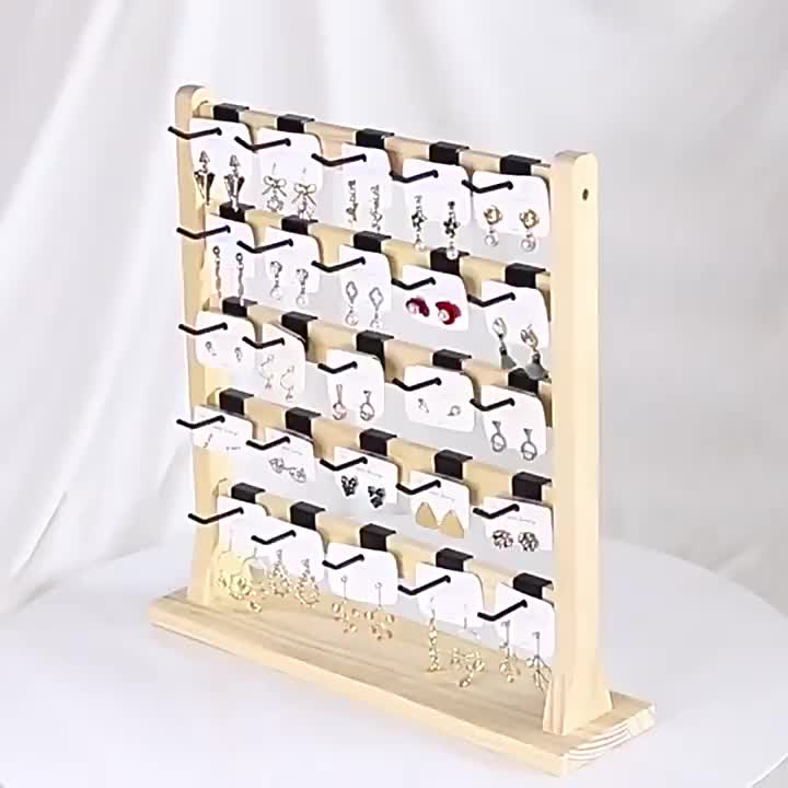 Tiered Wooden Jewelry Display Rack, Earring Card and Necklace Organizer with Removable Metal Hooks in 4, 5 or 6-Layer Light Wood and Oak Color Options