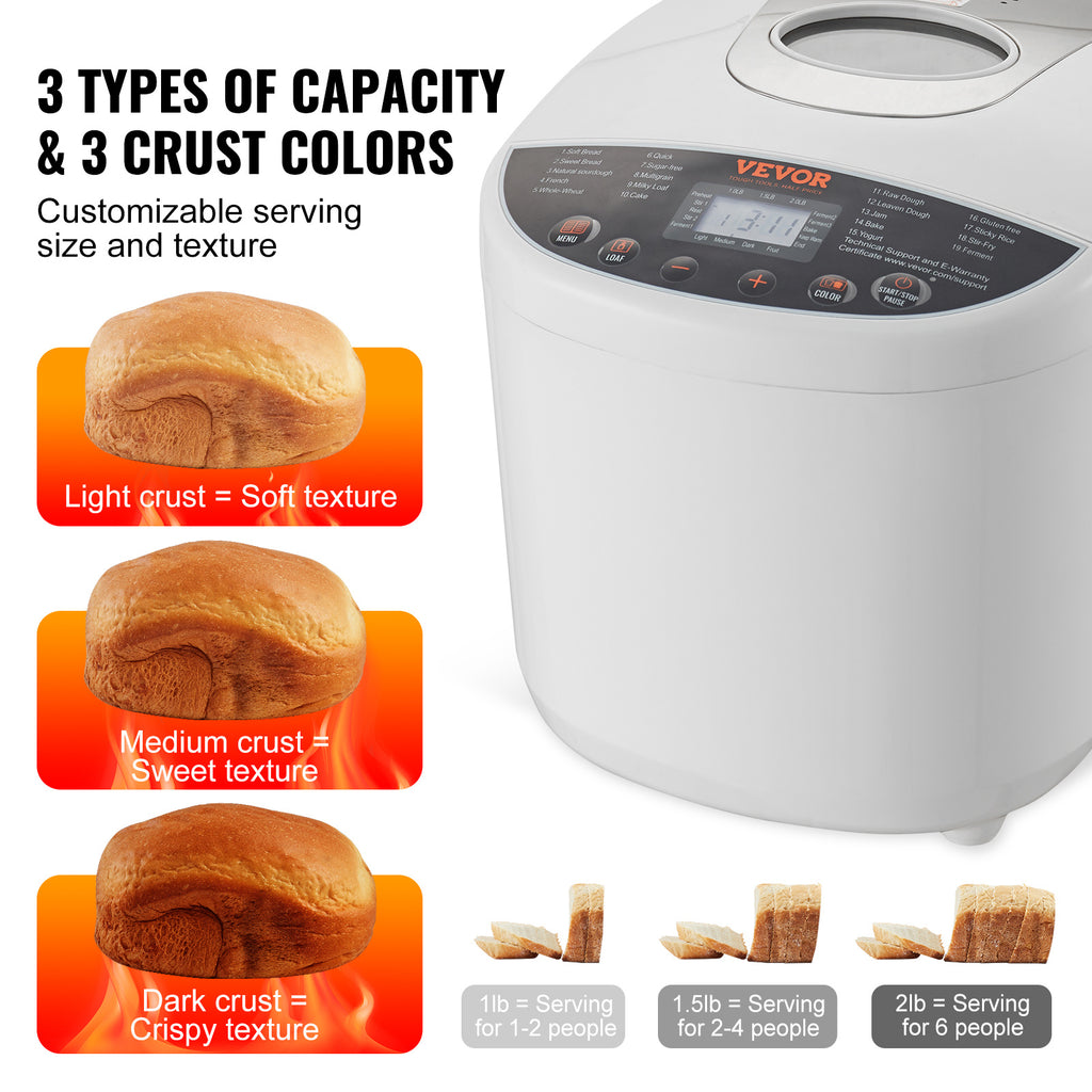 19-Program Bread Maker by VEVOR, White Automatic Bread Machine with 1, 1.5 and 2lb Loaf Sizes, Three Crust Settings, Ceramic Pan and 15-Hour Delay Start