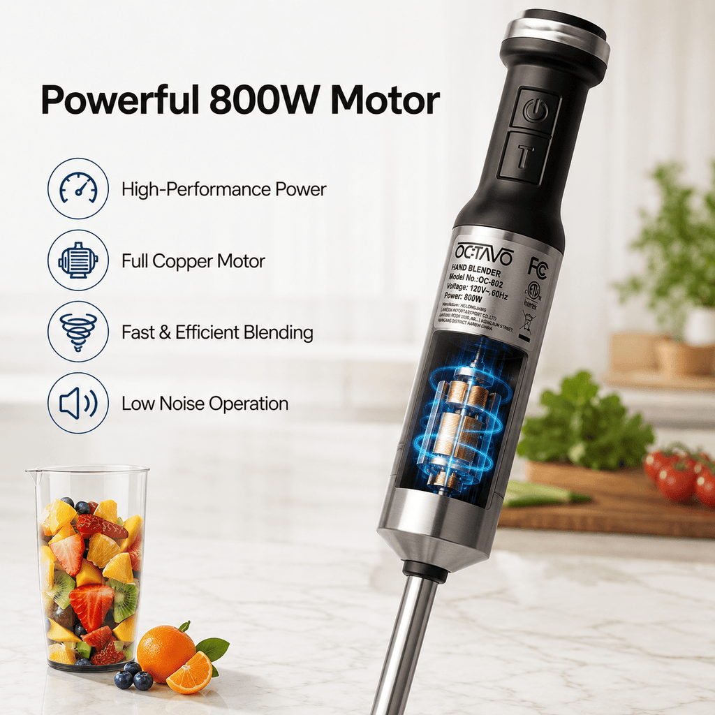 Hand Blender 800W 5-in-1 with 12-Speed Control & Turbo, Stainless Steel Shaft, Food Chopper, Whisk & Milk Frother for Soup, Smoothies and Baby Food