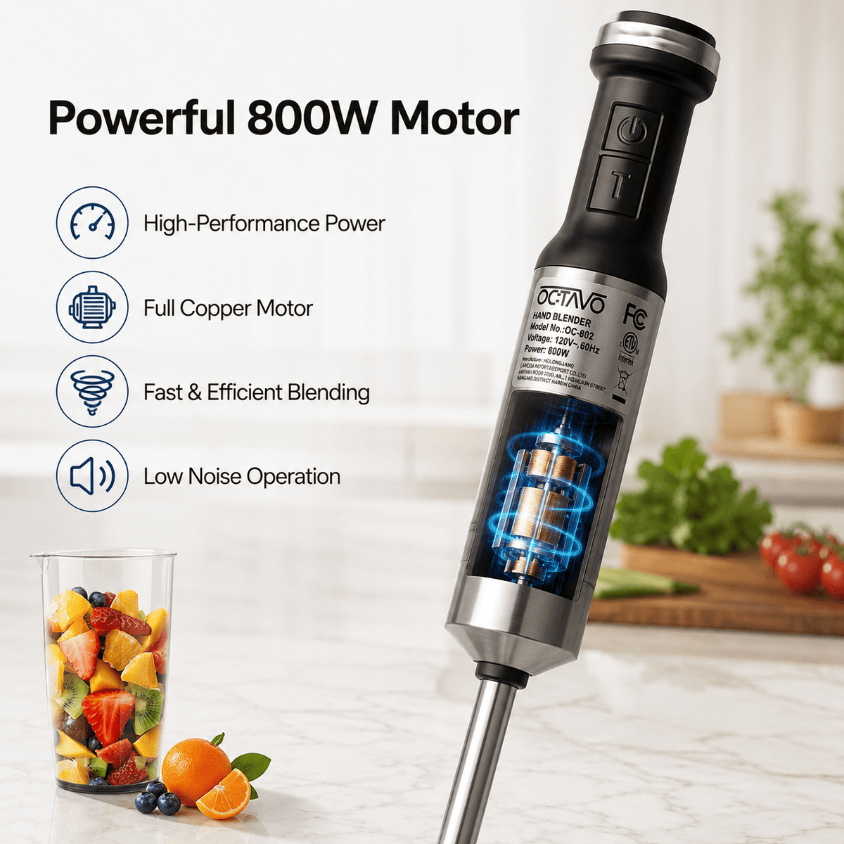 Hand Blender 800W 5-in-1 with 12-Speed Control & Turbo, Stainless Steel Shaft, Food Chopper, Whisk & Milk Frother for Soup, Smoothies and Baby Food