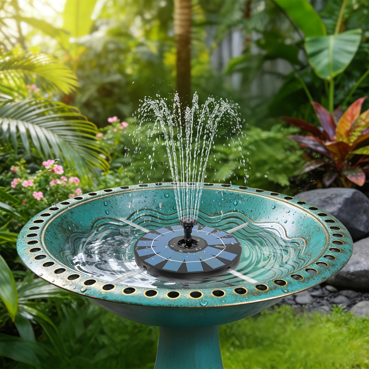 Solar Powered Water Fountain DT-505 with 4 Transparent Support Rods and 6 Spray Nozzles, Round Plastic Fountain Unit for Garden Pond and Courtyard Decor