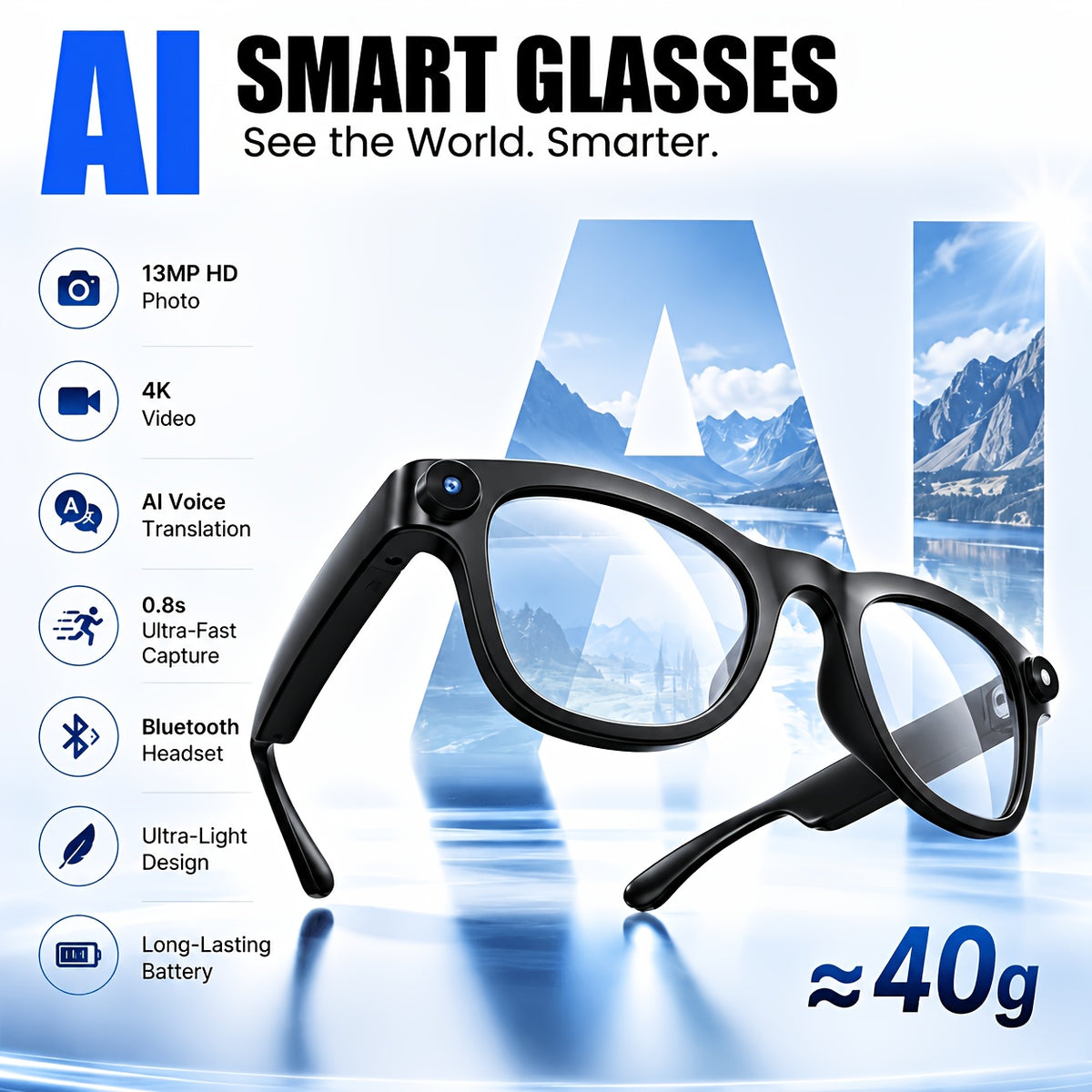 Camera Glasses by KLZO with Listed 13MP Imaging, Wireless Smart Eyewear for Photo, Video and Audio Recording, Music and Translation Features