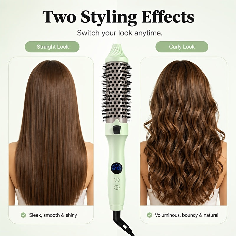 Non-Rotating Heated Hair Brush for Straightening, Curling and Inward-Turned Ends, 3-in-1 Round Barrel Styling Comb with No Airflow in Purple, Green or Pink