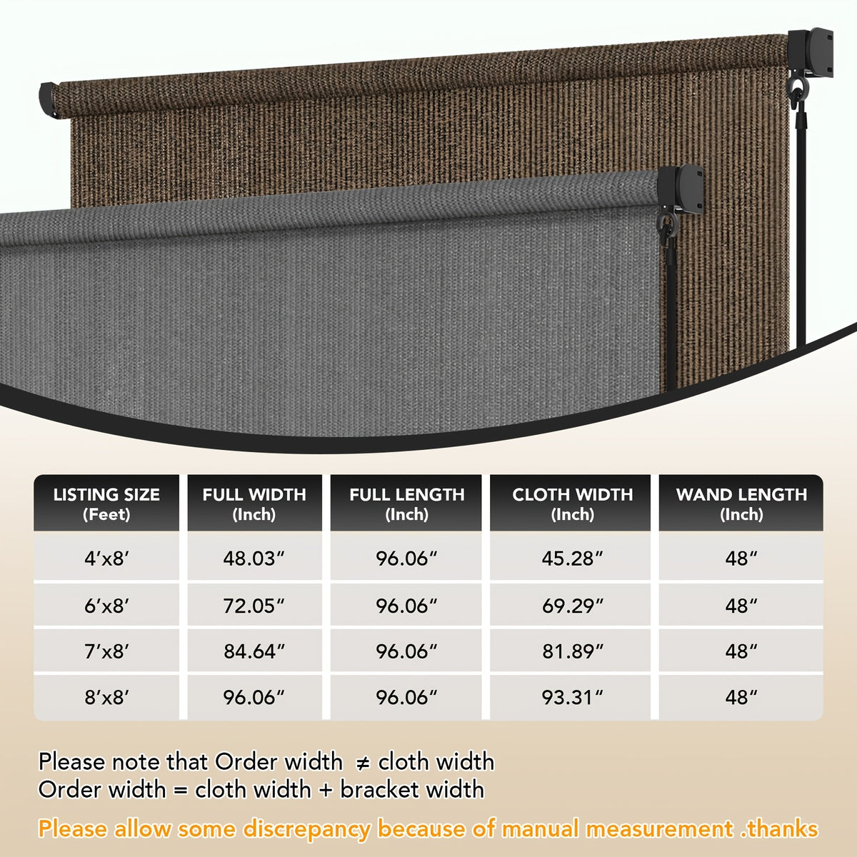 Cordless Patio Roller Shade with One-Piece Fabric and Spliced Pole Design for 6ft, 7ft and 8ft Widths, Gray, Mocha or Coffee Brown Outdoor Roll Up Blind Options