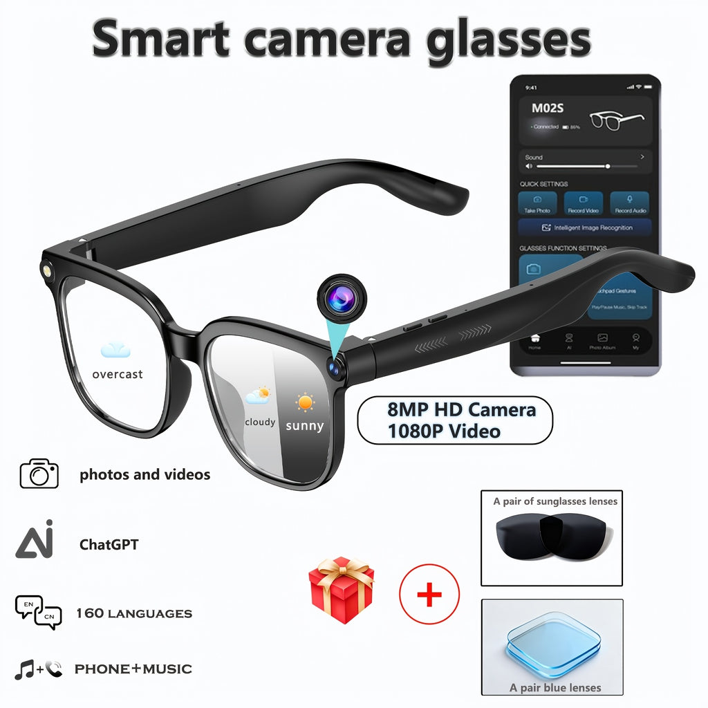 Smart Video Recording Glasses with Listed 1080P Video, 8MP Wide-Angle Camera, 163-Language Translation, Wireless Music and Calls in Black M02S or M08 Options