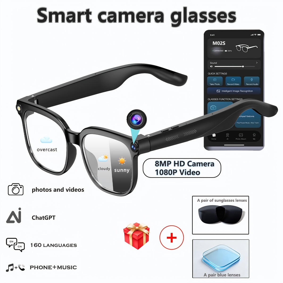 1080P Smart Video Glasses with 163-language Real-time Translation, Wireless Music Calls + HD Video Recording, 8-megapixel Ultra-wide-angle Camera. Suitable for Cycling/driving Recording, Outdoor Fishing, Office Work, Travel, and Audio Recording