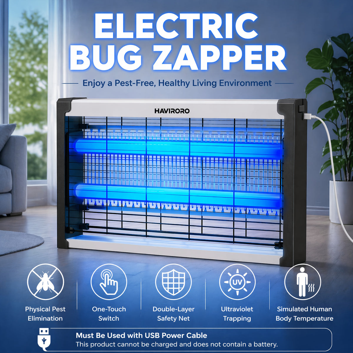 USB-C Powered Bug Zapper, Corded Electric Insect Trap with 4500V Grid, Protective Guard and Hanging Chain for Home, Garage and Sheltered Patio Placement
